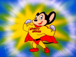 Topolino supereroe con mantello rosso e costume giallo.